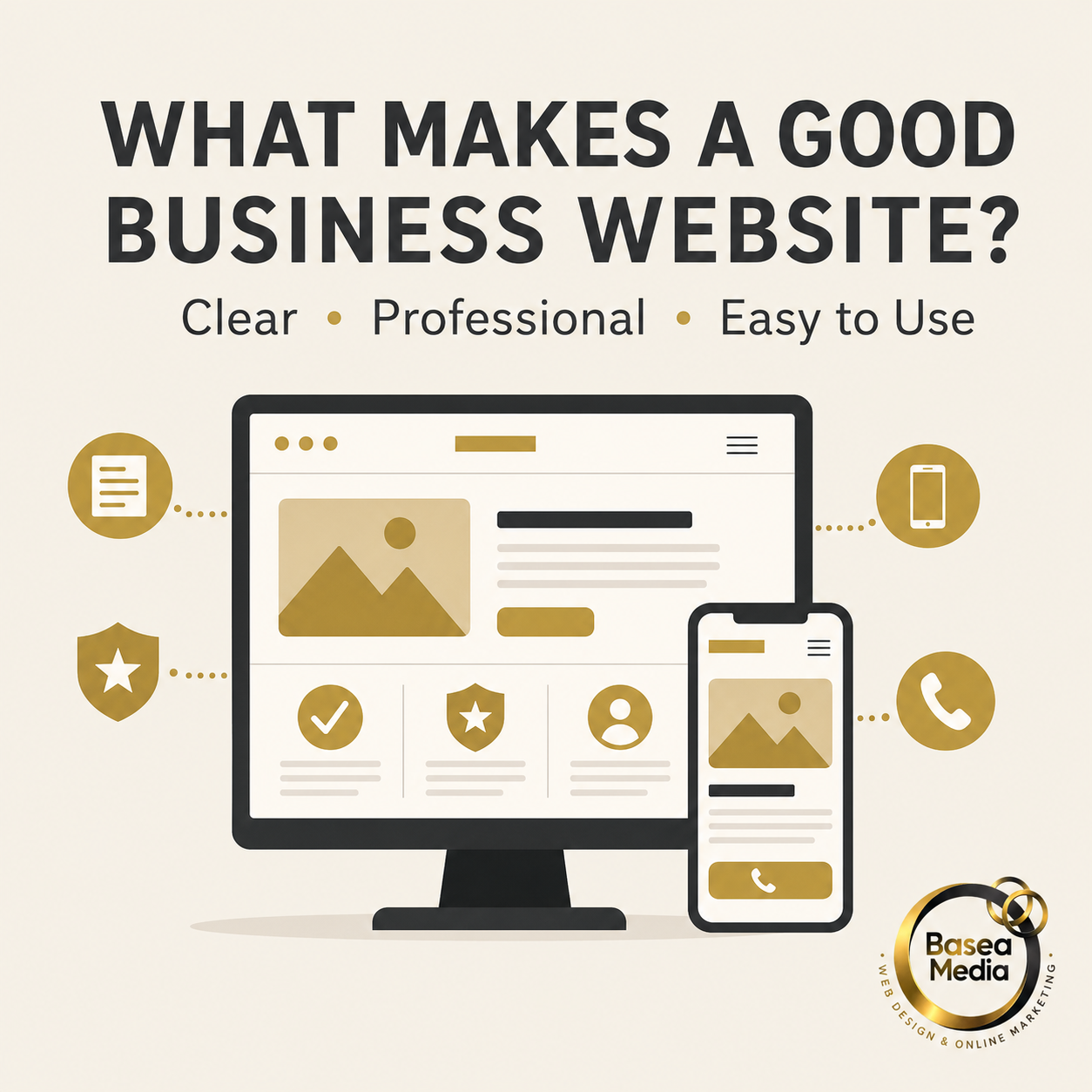 Graphic illustrating the features of a good business website, including clear information, professional design, mobile responsiveness, trust and easy contact.