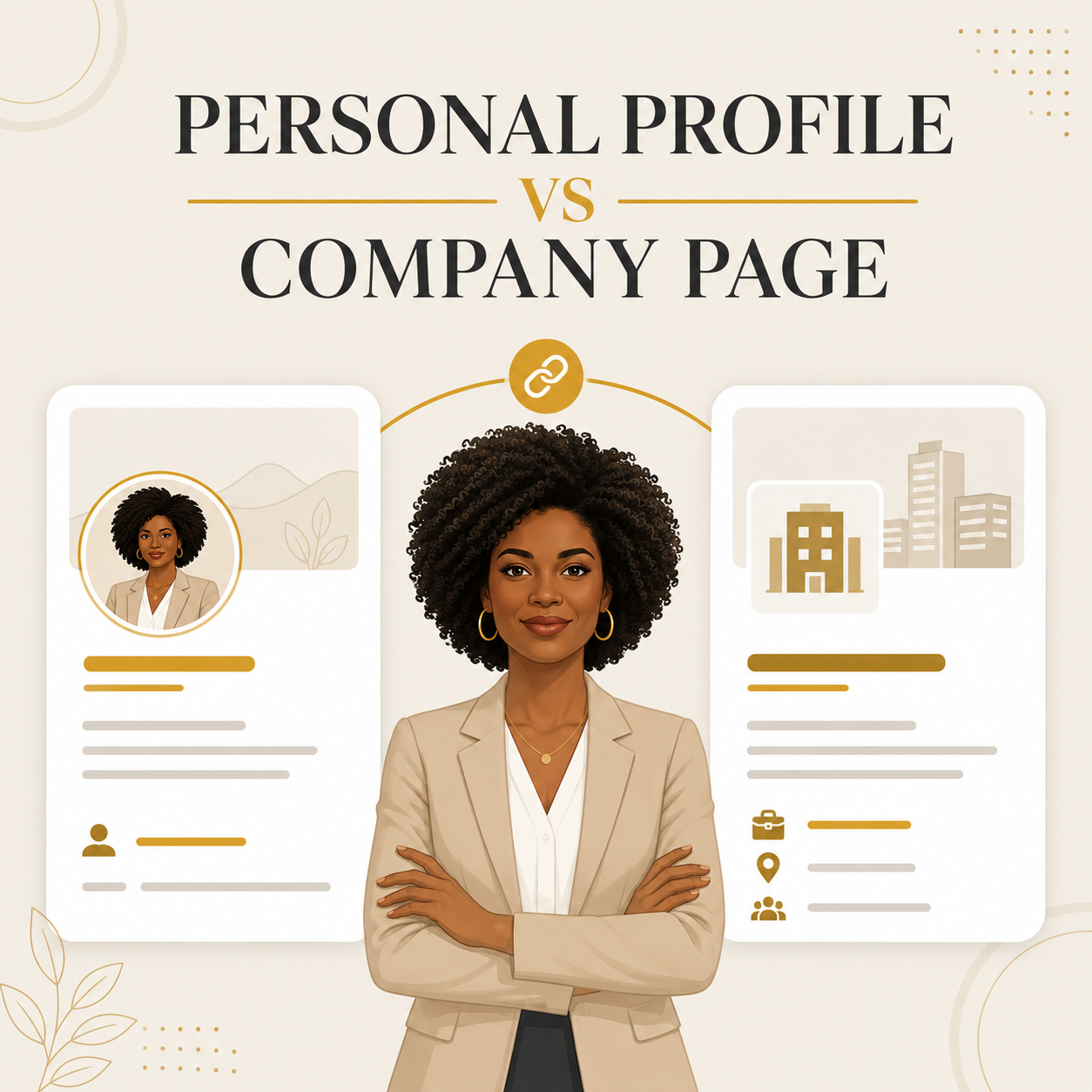 Illustration comparing a LinkedIn personal profile and Company Page, showing how they work together to build professional credibility and business visibility.